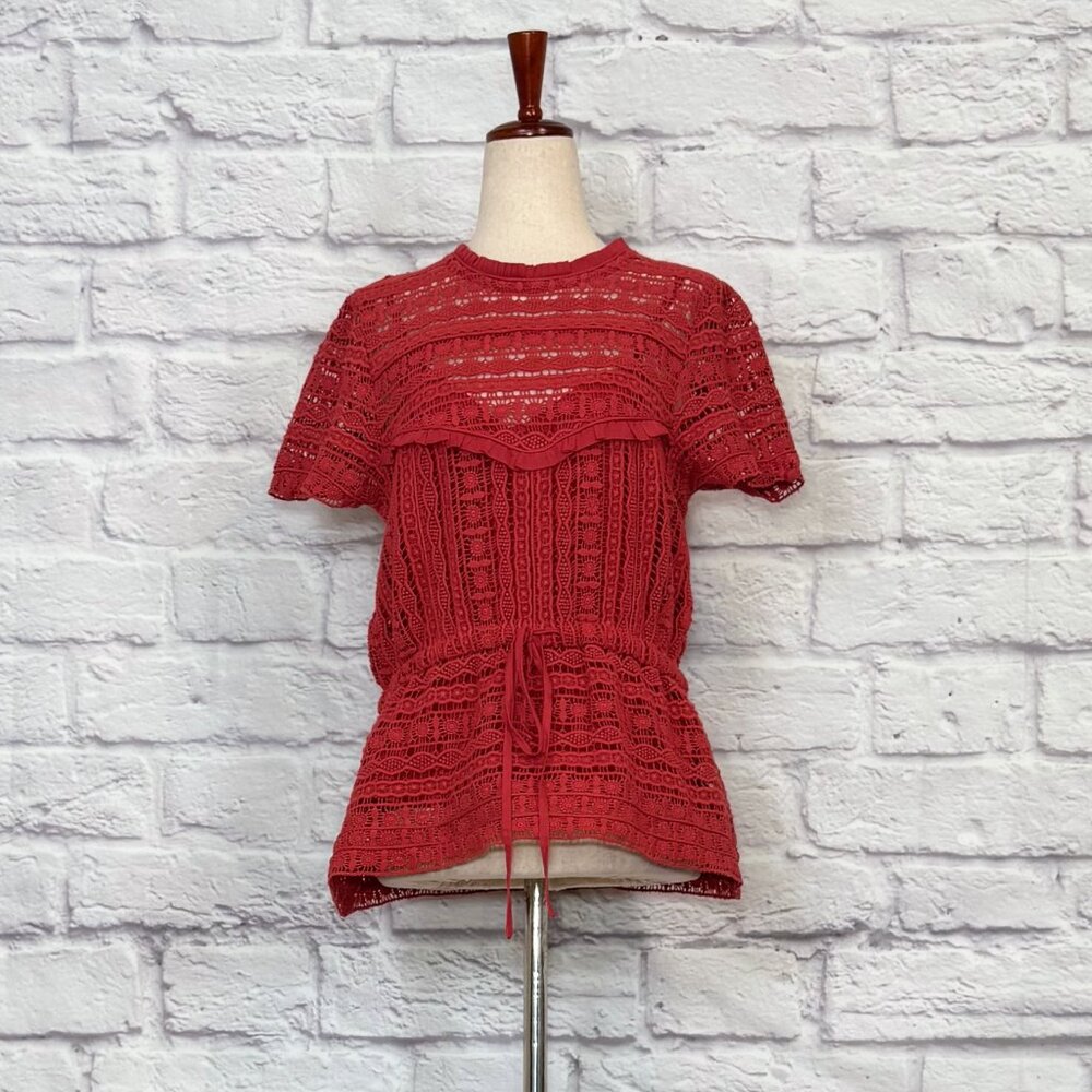 Carolina K Berenice Coral Red Cotton Crochet Peplum Top - Picture 1 of 9